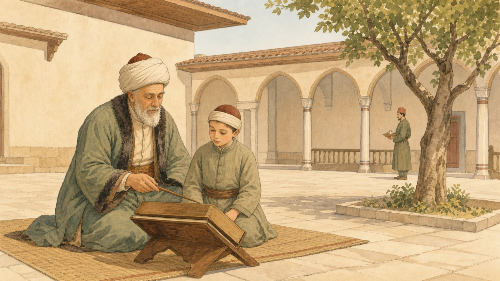 Aydınlık tarih kitabı çizimi üslubunda Manisa sarayı avlusunda bir Osmanlı şehzadesi için temsili canlandırma
