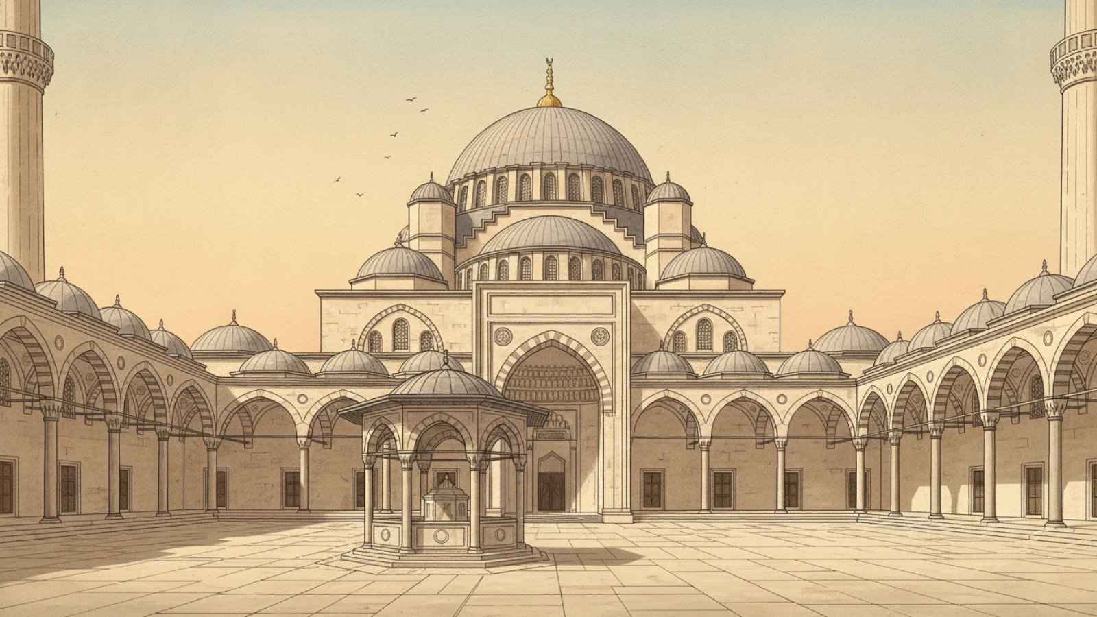Tarih kitabı çizimi üslubunda, revaklı şadırvan avlusundan bakılan Osmanlı camisi: ortada şadırvan, arkada taç kapı ile ana kubbe, iki yanda birer minare gövdesi