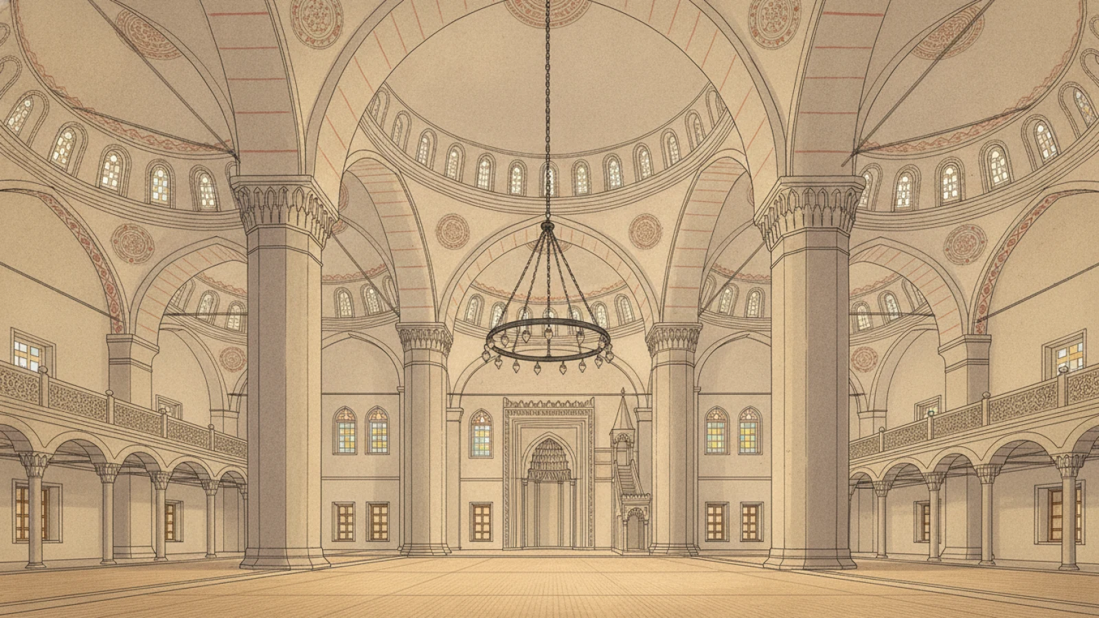 Tarih kitabı çizimi üslubunda, merkezî kubbeyi taşıyan dört büyük fil ayağı, dört yöndeki yarım kubbeler ve köşe kubbeleriyle simetrik cami iç mekânı için temsilî iç görünüm çizimi