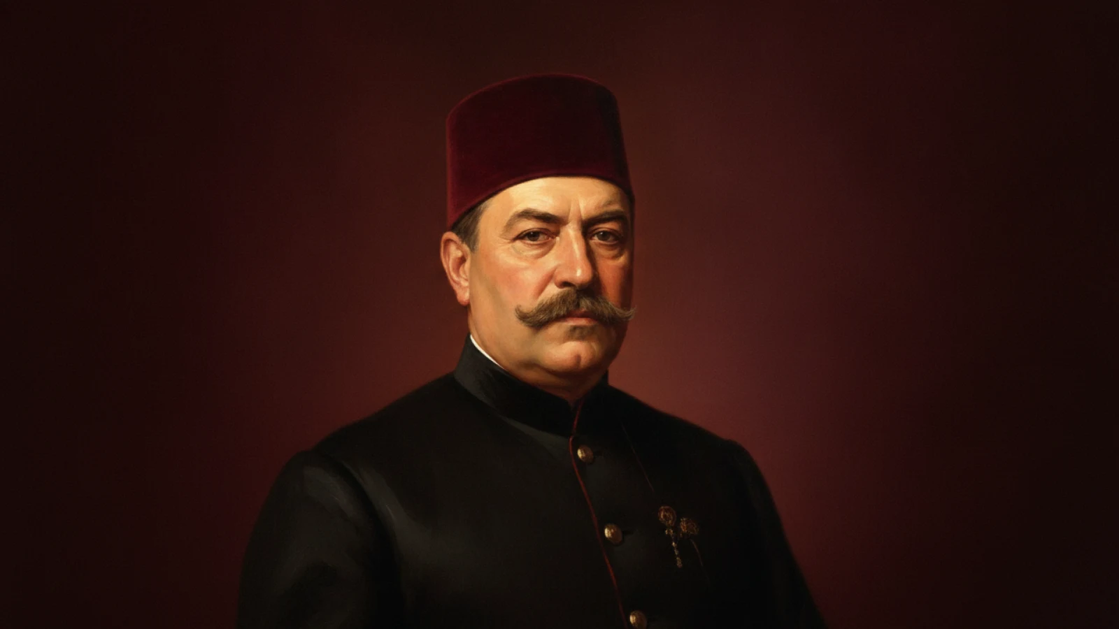 Koyu bordo zemin önünde kırmızı fes ve koyu redingotla olgun, ağırbaşlı bir şehzadeyi canlandıran temsilî portre
