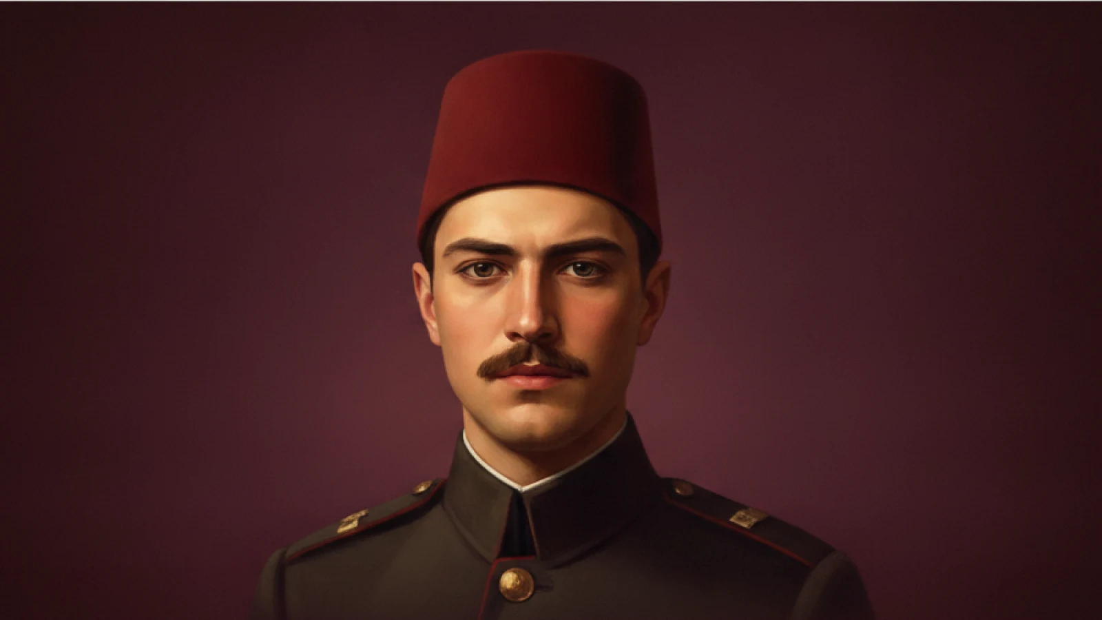 Koyu bordo zemin önünde fes ve modern askerî üniformayla genç, ciddi bir şehzadeyi canlandıran temsilî portre