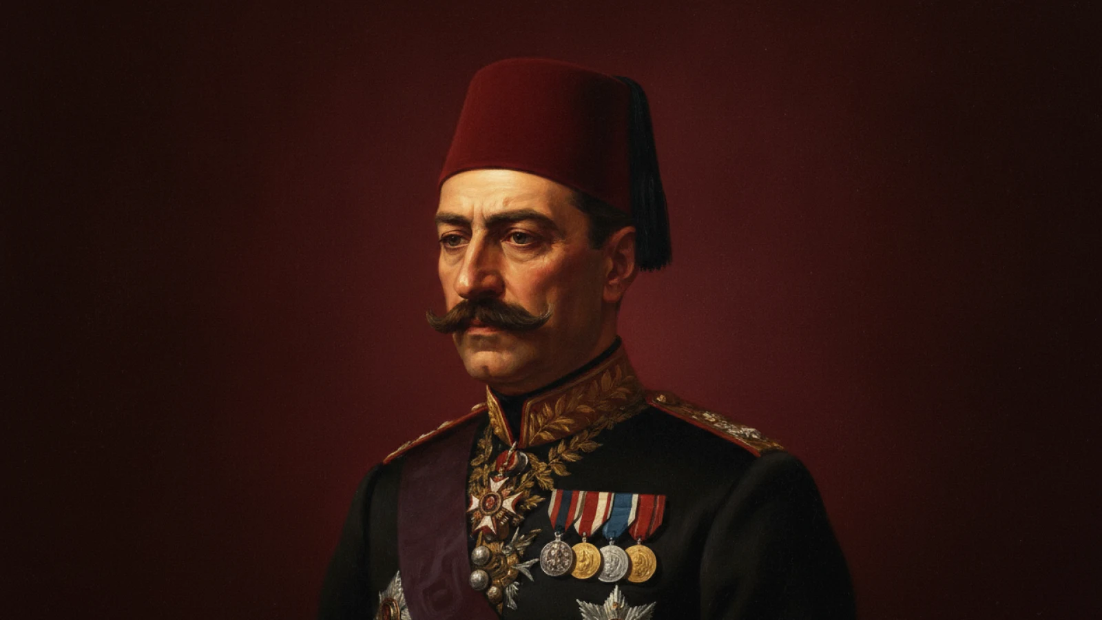 Koyu bordo zemin önünde kırmızı fes ve nişanlı koyu askerî üniformayla olgun, hüzünlü bir veliaht şehzadeyi canlandıran temsilî portre