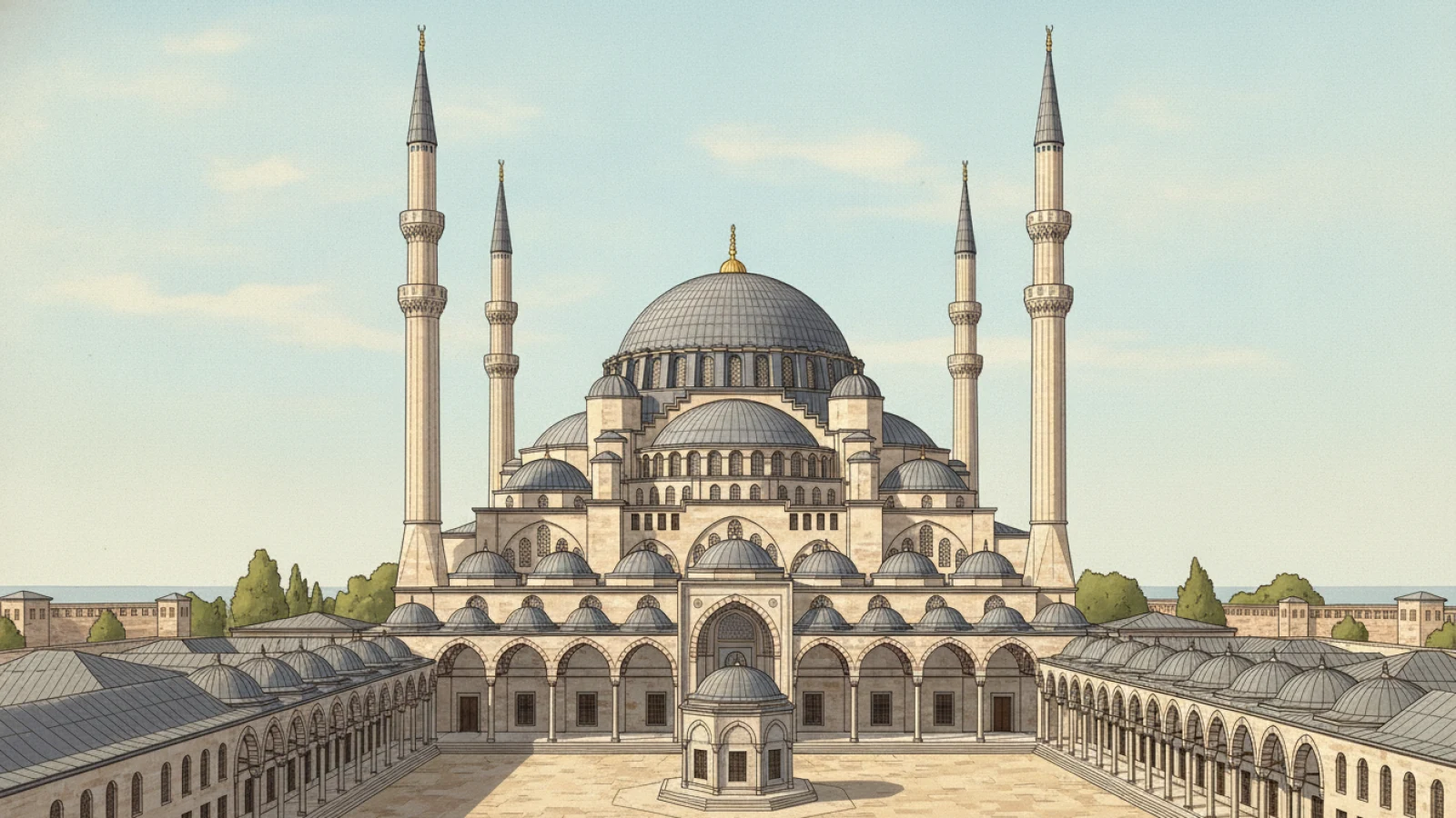 Aydınlık tarih kitabı çizimi üslubunda, dört ince minaresi ve tek büyük kubbesiyle Edirne’deki Selimiye Camii için temsilî mimari canlandırma