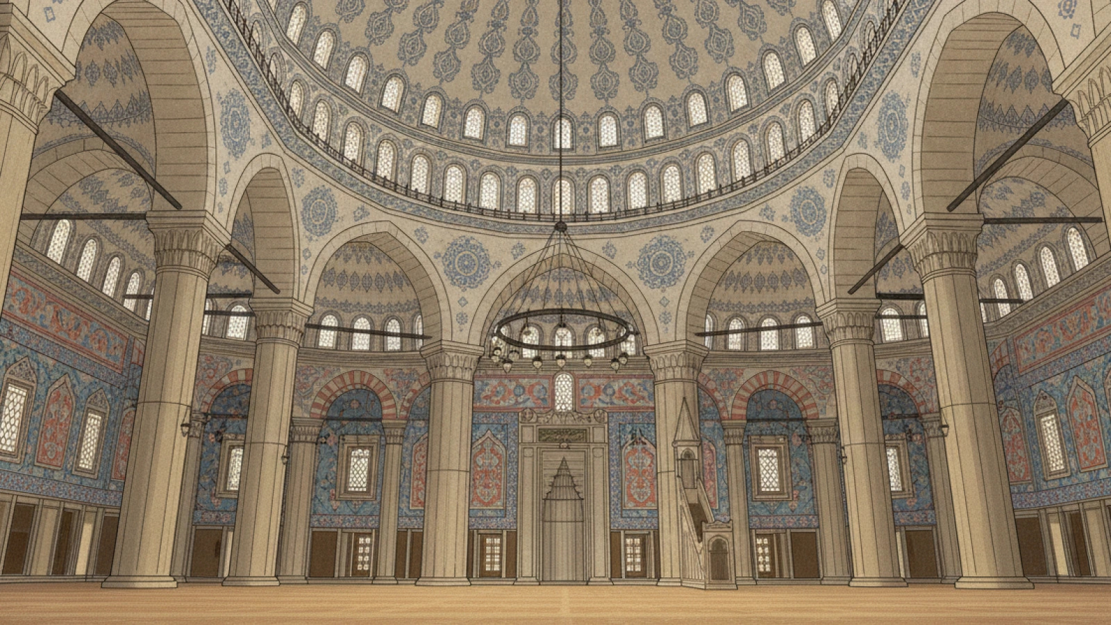Selimiye Camii’nin iç mekânını, sekiz ayak üzerine oturan tek kubbesini ve pencereli kasnağını gösteren, aydınlık tarih kitabı çizimi üslubunda temsilî mimari canlandırma
