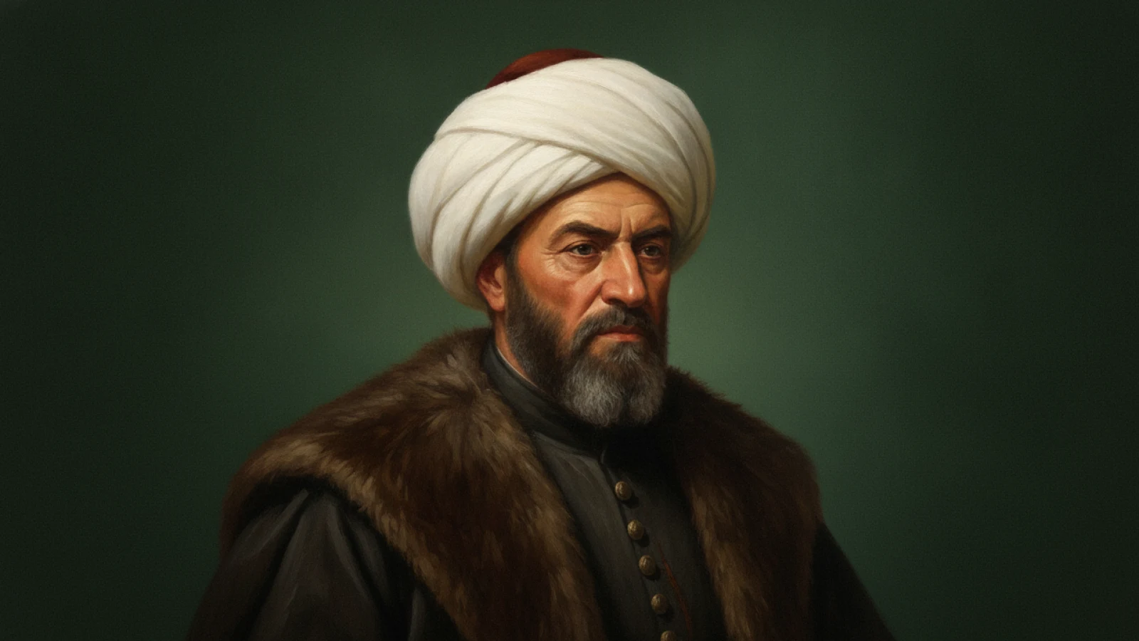 Koyu yeşil zemin önünde beyaz sarık ve kürk yakalı vezir kaftanıyla, olgun ve ağırbaşlı bir 16. yüzyıl Osmanlı vezirini canlandıran temsilî portre.