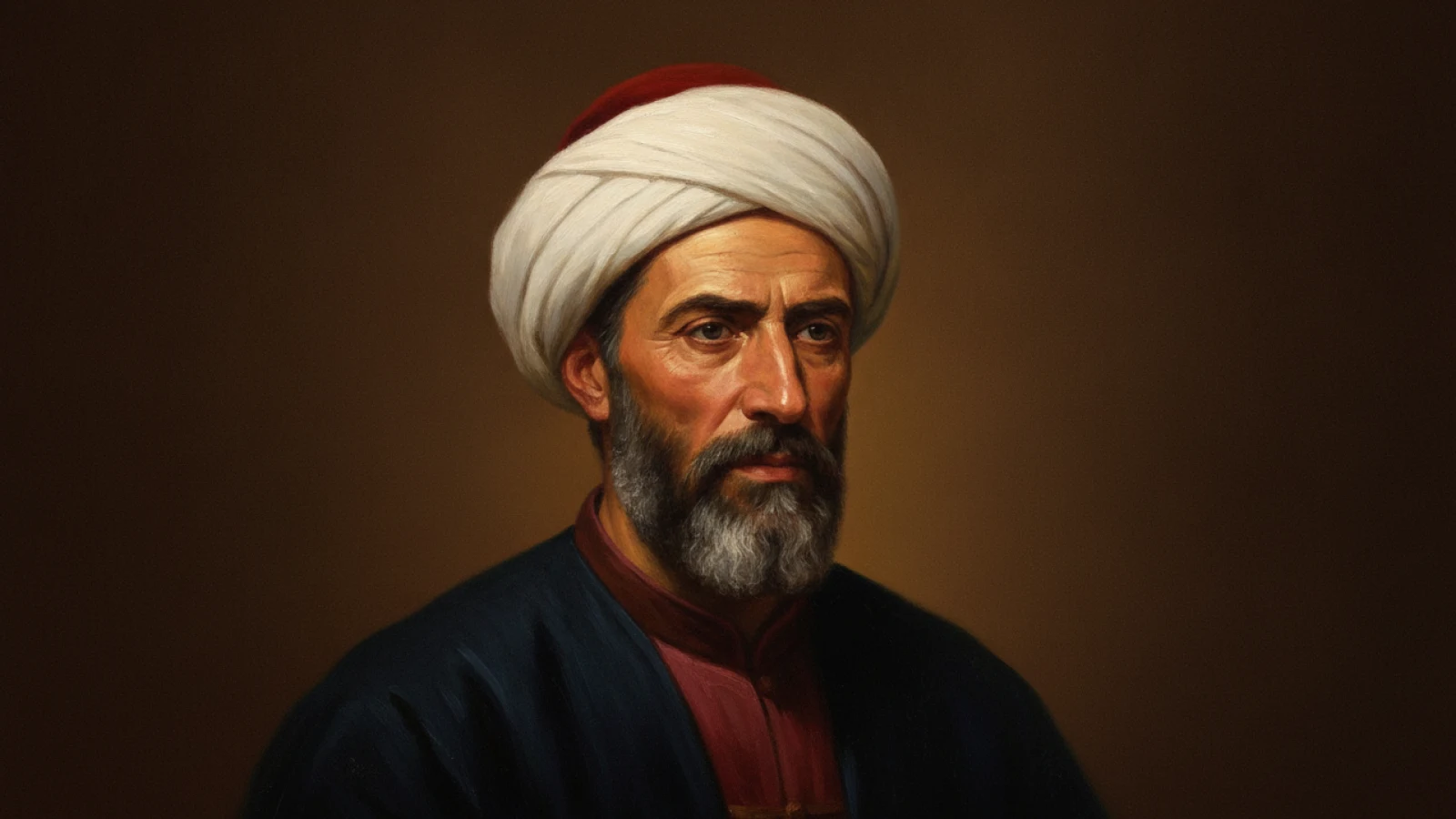 Koyu kahverengi zemin önünde, sade beyaz sarık ve koyu lacivert kaftanla, kırlaşmış sakallı olgun bir 16. yüzyıl Osmanlı denizci-âlimini canlandıran temsilî portre.