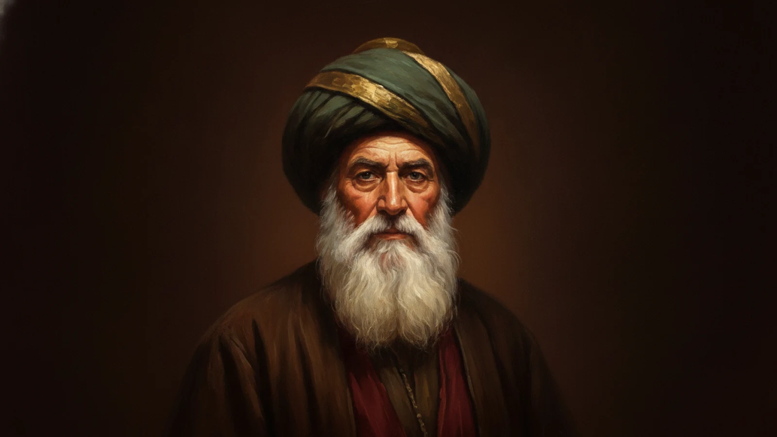 Koyu nötr zemin önünde, büyük beyaz sarık ve uzun beyaz sakalla elinde tesbih tutan çok yaşlı, muhterem bir şeyhi canlandıran temsilî tek figür portre