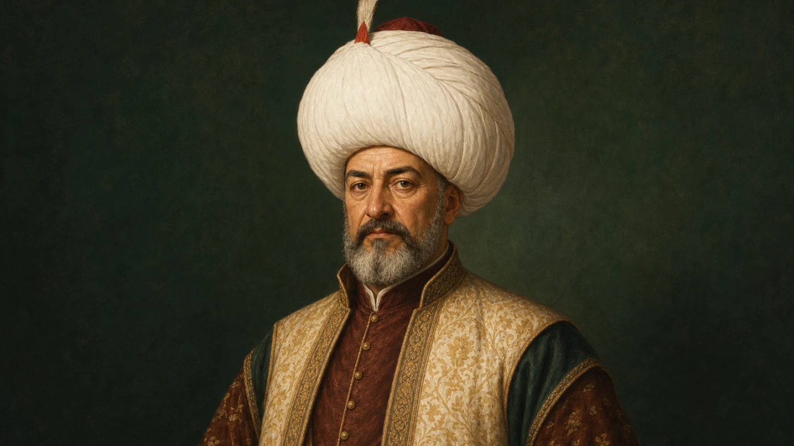 Koyu yeşil zemin önünde büyük beyaz sarık ve vezir kaftanıyla Sokollu Mehmed Paşa'yı canlandıran temsilî tek figürlü portre.