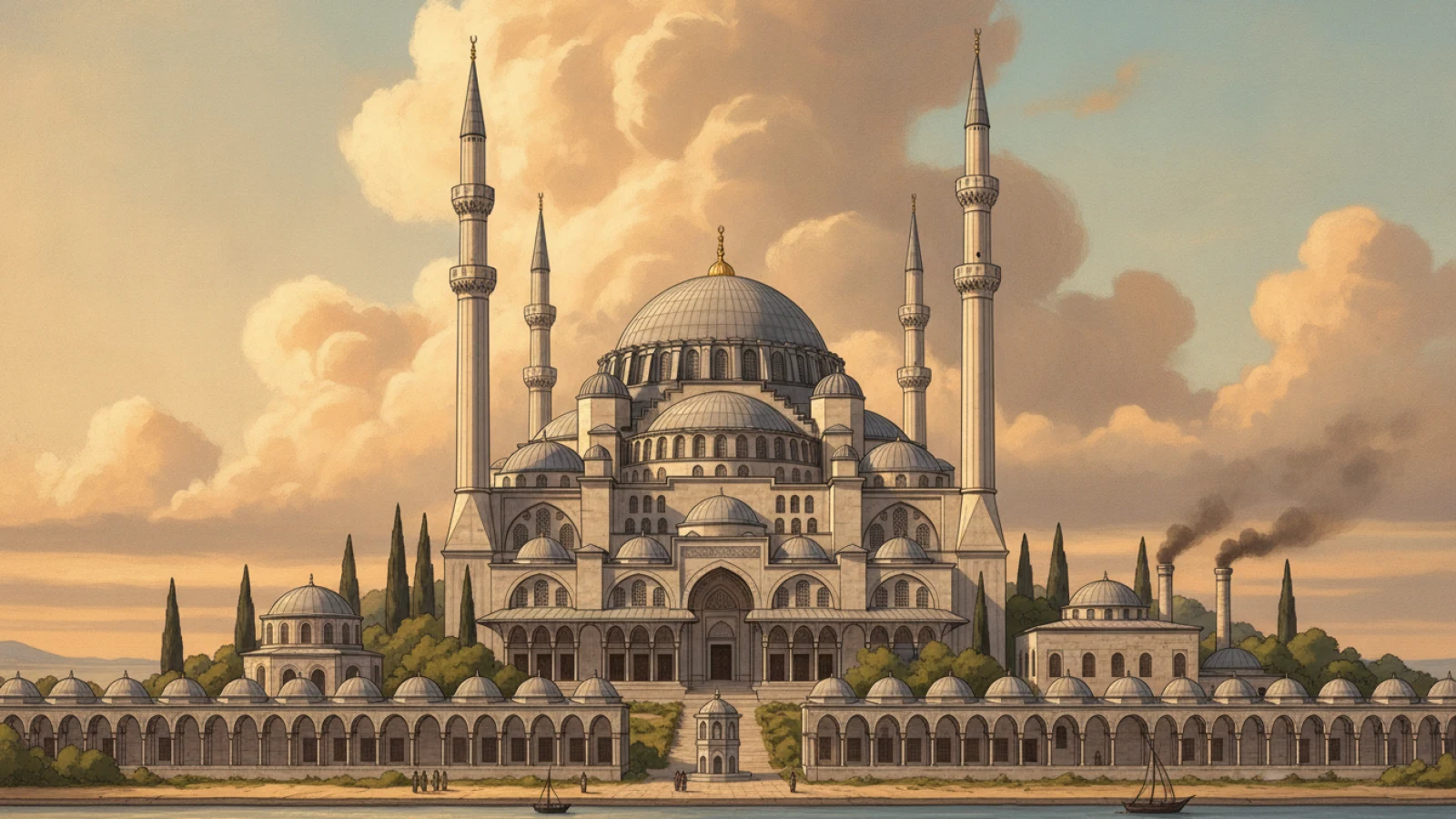 Tarih kitabı çizimi üslubunda, Haliç’e bakan tepede yükselen büyük kubbeli cami, dört minaresi ve çevresindeki medrese ile imaret yapıları için temsilî mimari canlandırma