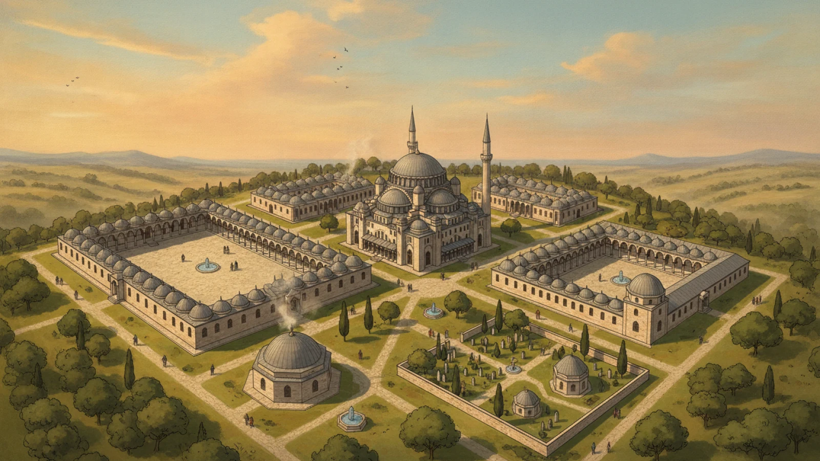 Tarih kitabı çizimi üslubunda, avlulu cami çevresinde sıralanan kubbeli medrese kanatları, bacası tüten imaret ve servili hazîredeki türbeleri kuşbakışı gösteren temsilî külliye şeması