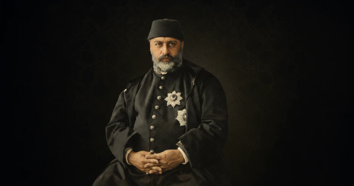 Kanonik portre/fotoğraf referansıyla, fes ve dönem üniformasıyla canlandırılan Sultan Abdülaziz