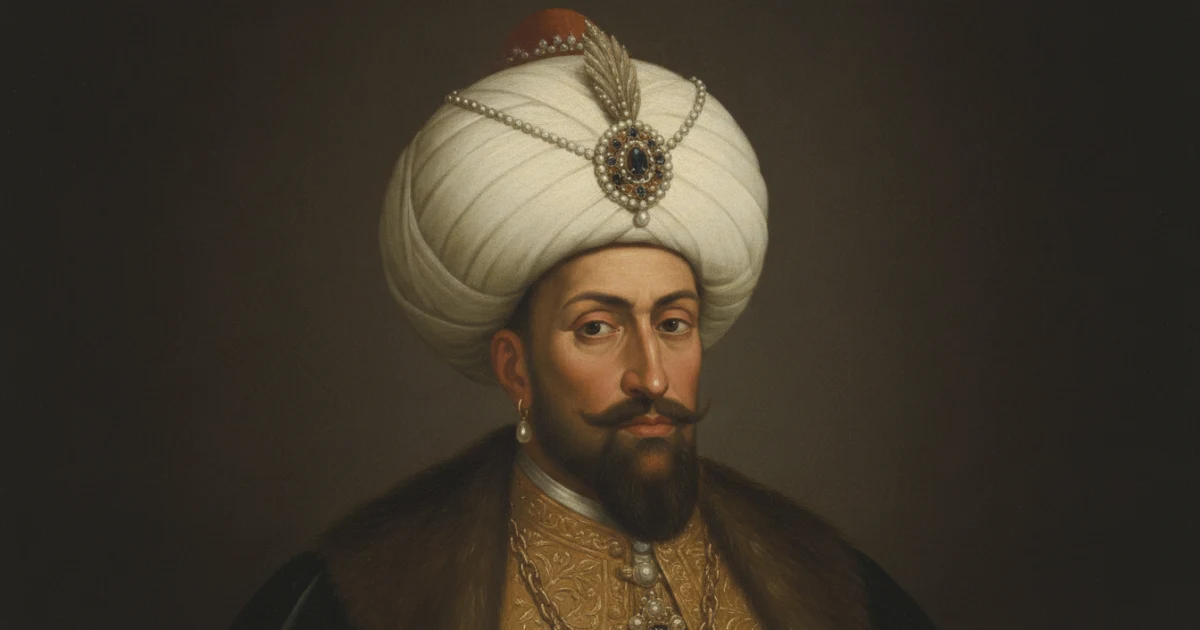 Dönem minyatürleri esas alınarak resmî hükümdar portresi düzeninde canlandırılan Sultan III. Mehmed