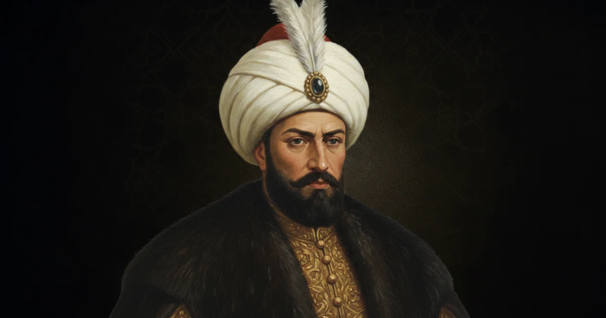 Dönem tasvirleri esas alınarak resmî hükümdar portresi düzeninde canlandırılan, gür siyah sakallı ve heybetli Sultan IV. Murad