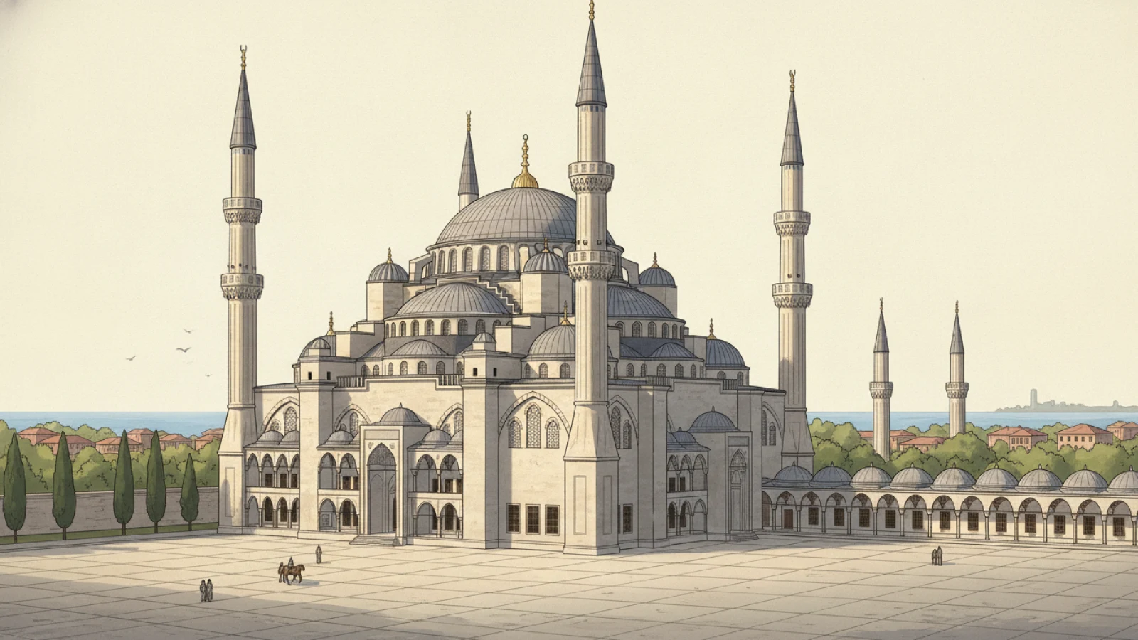 Atmeydanı kenarında, merkezî kubbesi, kademeli yarım kubbeleri ve altı minaresiyle Sultanahmet Camii’ni gösteren temsilî mimari canlandırma.