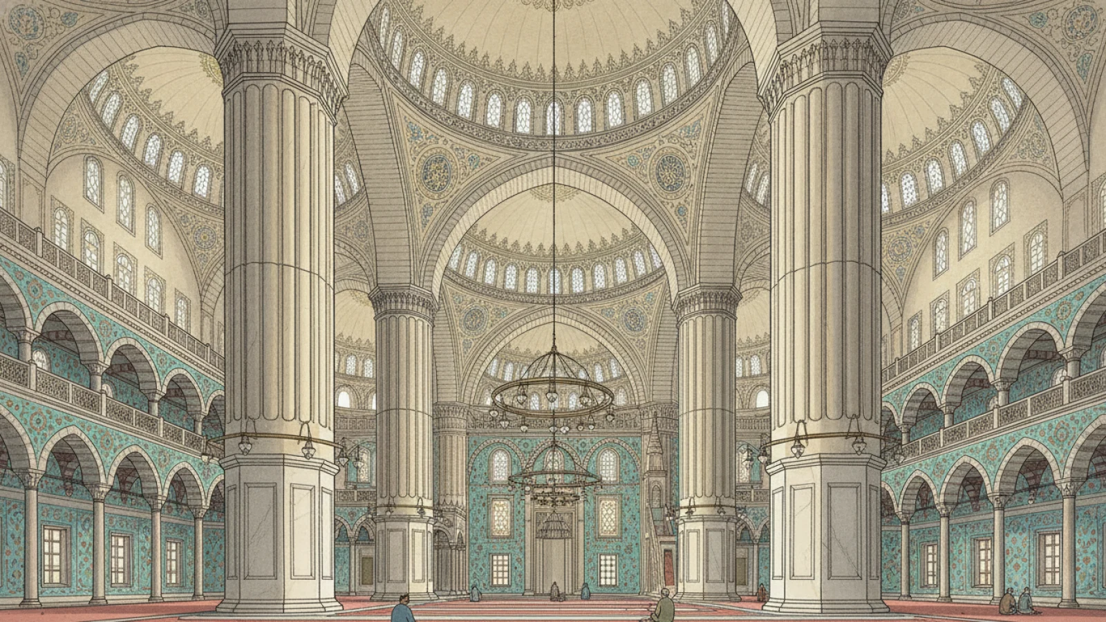 Sultanahmet Camii’nin harimini; kalın yivli filayaklarını, kademeli yarım kubbeleri ve çini kaplı duvarlarını gösteren temsilî mimari canlandırma