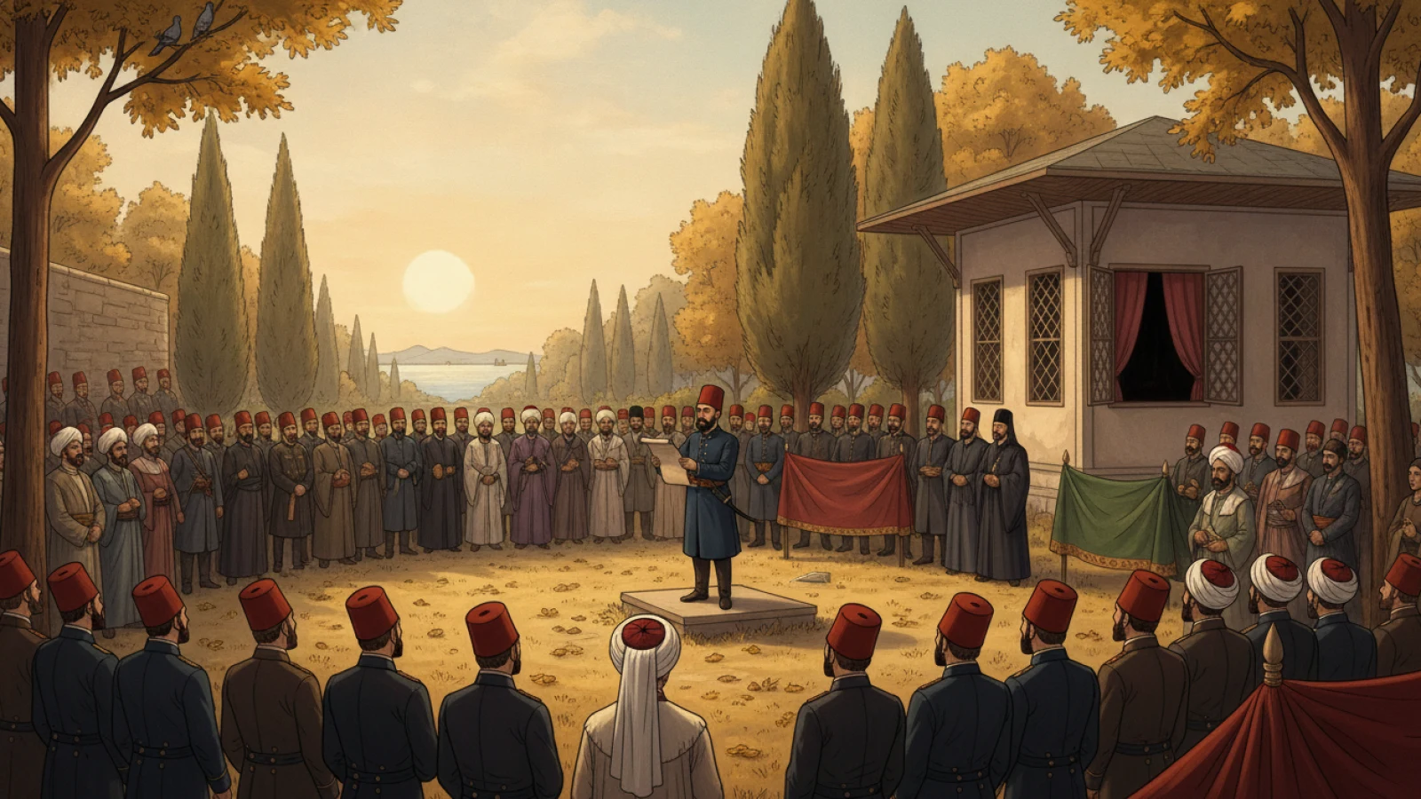 Gülhane bahçesinde toplanan fesli devlet ricali, sarıklı ulemâ ve gayrimüslim din adamlarına bir fermanın okunuşunu canlandıran temsilî tarih kitabı çizimi.