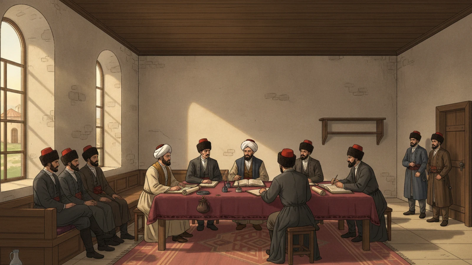1840’larda bir Osmanlı sancak merkezinde toplanan muhassıllık meclisini, fesli memurları, sarıklı kadıyı ve gayrimüslim temsilcileri vergi defterleri başında gösteren temsilî çizim