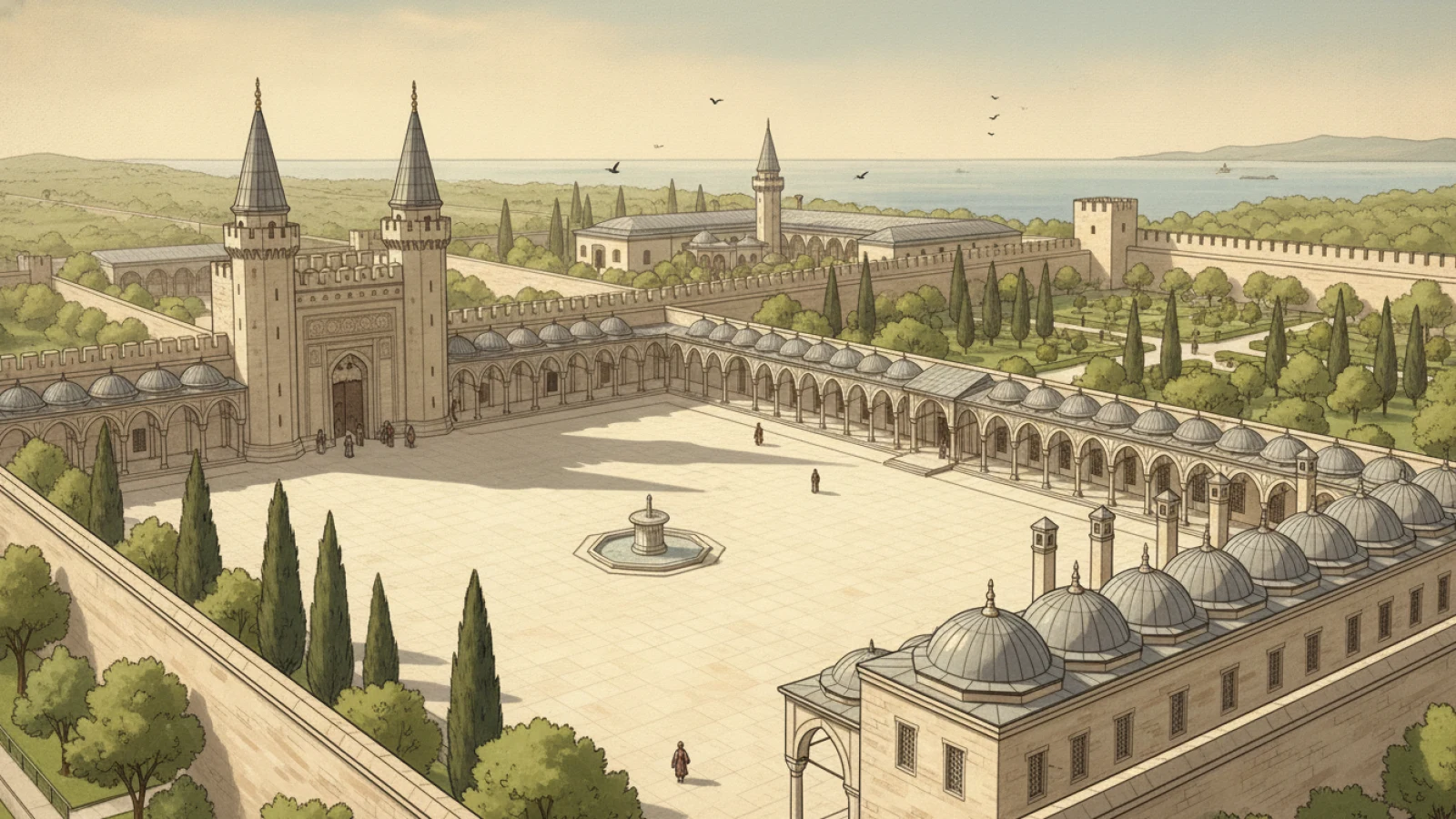 Topkapı Sarayı’nın avlularını, kuleli anıtsal kapısını, revaklarını ve bacalı mutfak kubbelerini gösteren tarih kitabı çizimi üslubunda temsilî mimari canlandırma
