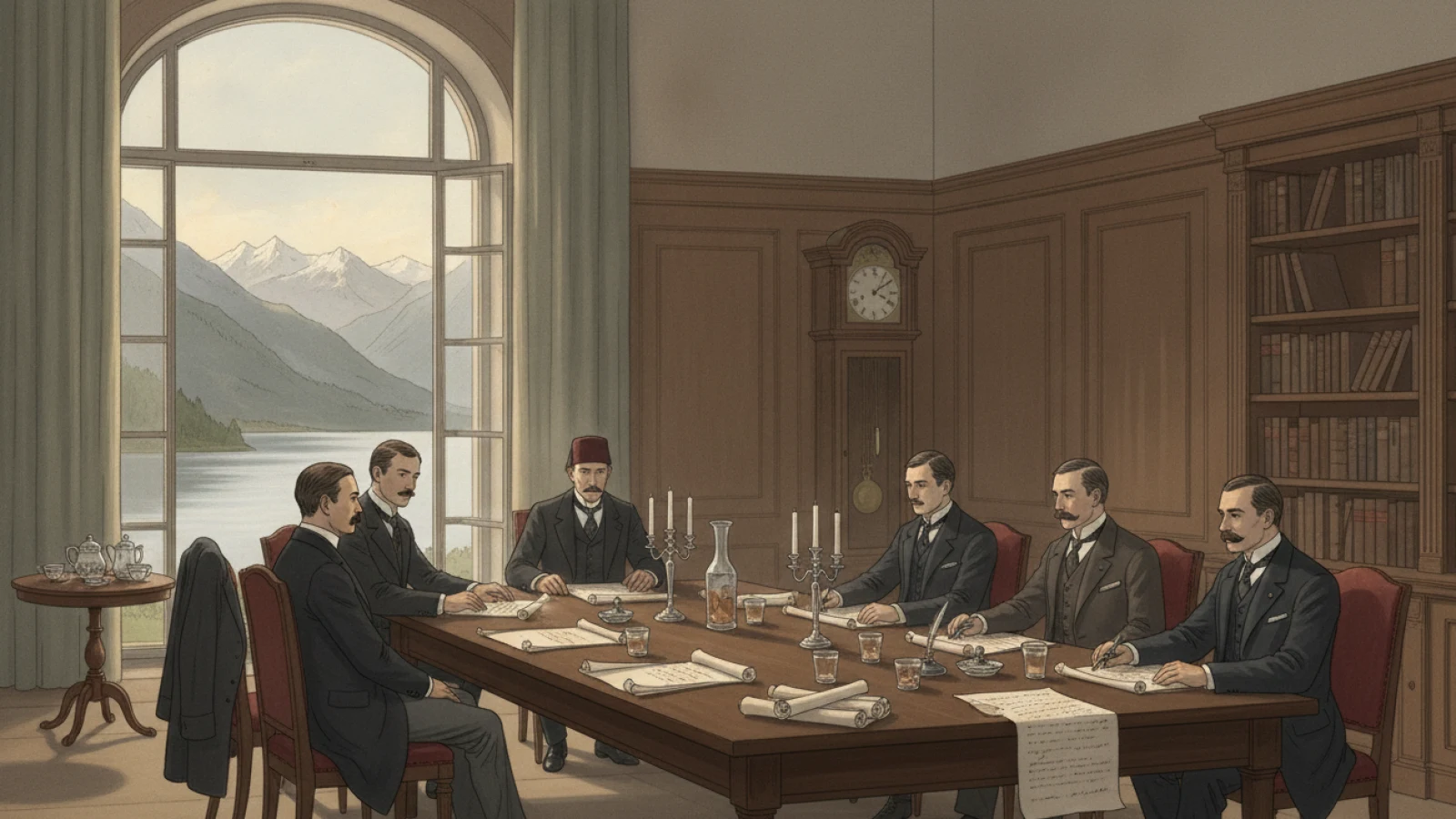 İsviçre’de göl kıyısındaki bir köşkte uzun masa etrafında toplanmış, 1912 kılığındaki diplomatları ve önlerindeki belge tomarlarını gösteren temsilî illüstrasyon
