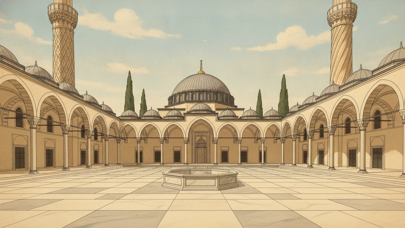 Üç Şerefeli Cami’nin revaklı avlusunu, ortadaki şadırvanı ve farklı bezemeli minarelerini gösteren, aydınlık tarih kitabı çizimi üslubunda temsilî mimari canlandırma