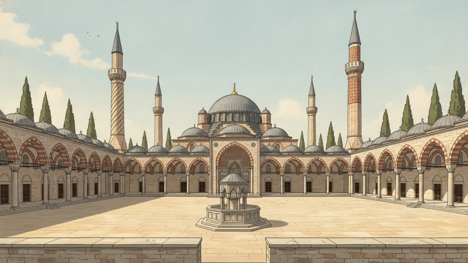 Aydınlık tarih kitabı çizimi üslubunda, revaklı avlusu, tek büyük kubbesi ve dördü farklı bezemeli minareleriyle Edirne Üç Şerefeli Cami için temsilî mimari canlandırma