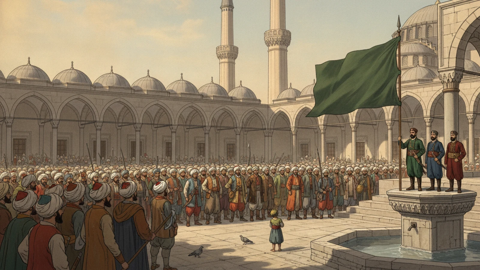 Bir cami avlusunda uzun gönderde yazısız yeşil sancağın açıldığı, çevresinde sarıklı ve kaftanlı kalabalığın toplandığı sahneyi gösteren temsilî çizim