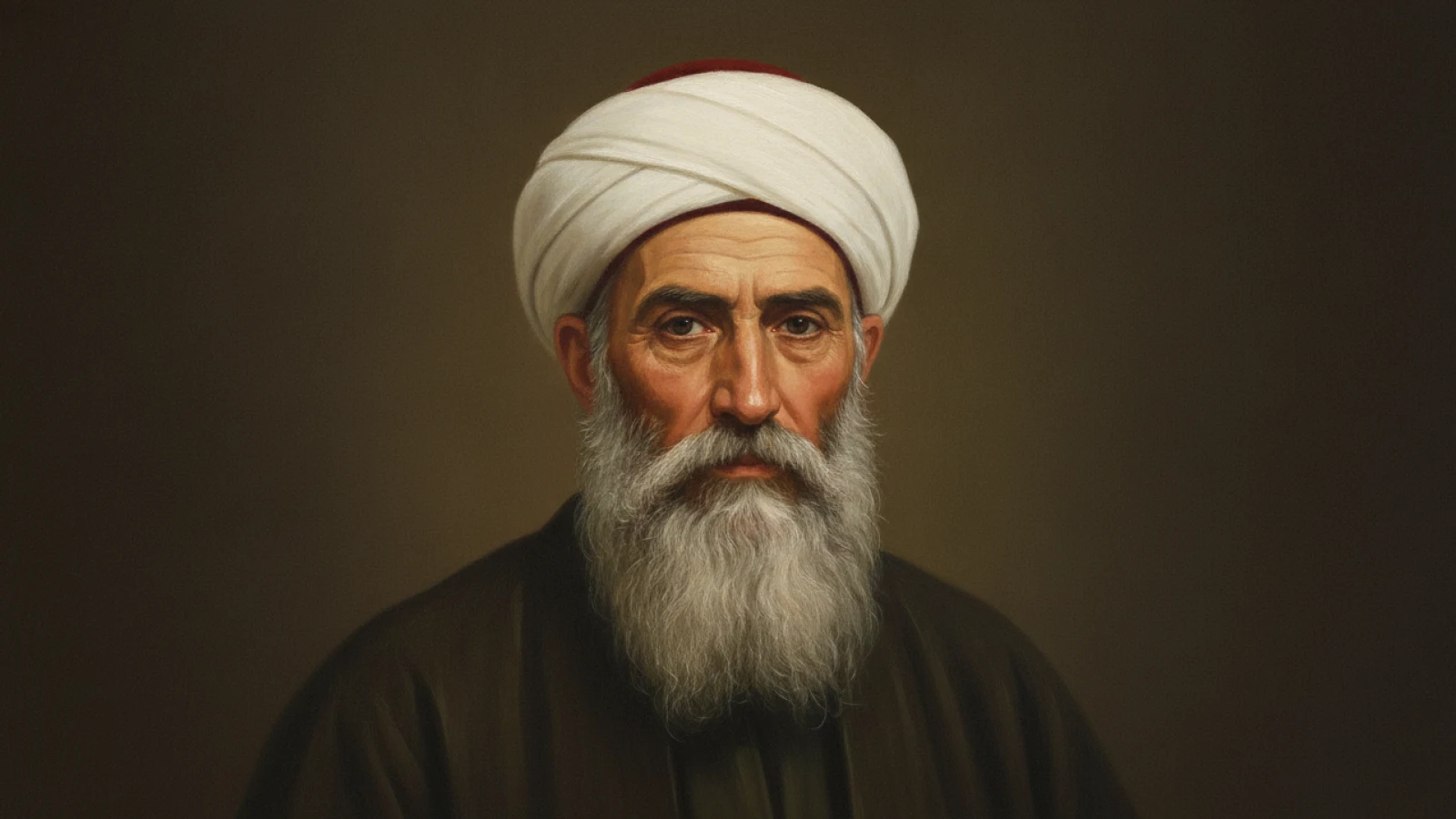 Koyu kahve zemin önünde, sade beyaz ulema sarığı ve koyu yünlü cübbeyle, uzun gri-beyaz sakallı yaşlı bir 16. yüzyıl Osmanlı âlim-şeyhini canlandıran temsilî portre.