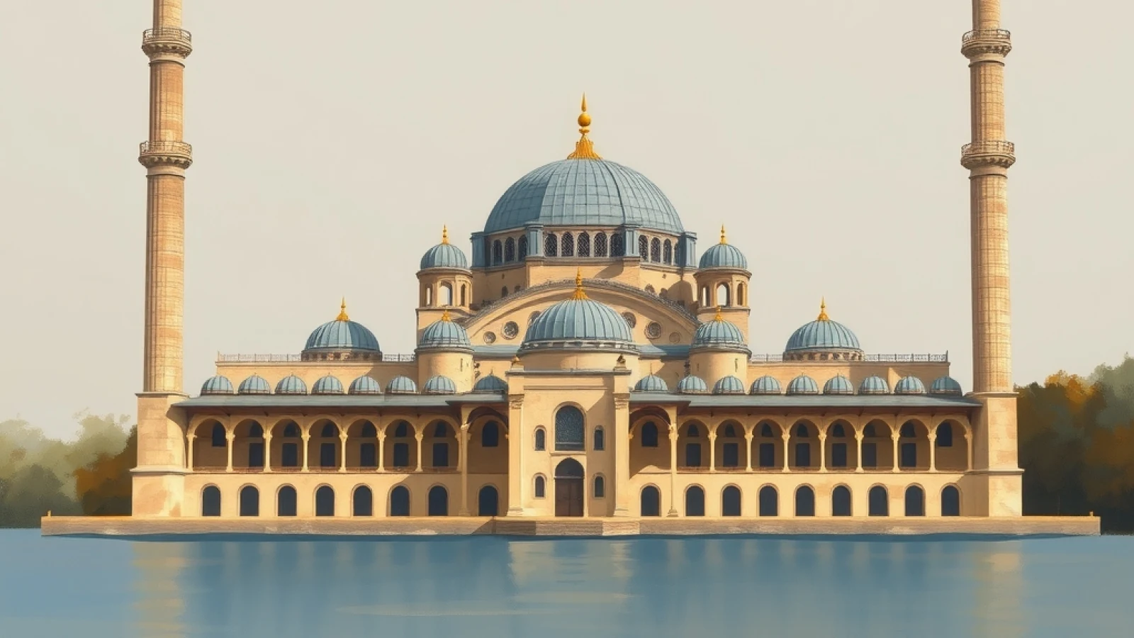 Tarih kitabı çizimi üslubunda, Haliç kıyısındaki liman düzlüğünün gerisinde yükselen kubbeli cami, iki minaresi ve yanındaki arasta sıralarıyla temsilî mimari canlandırma