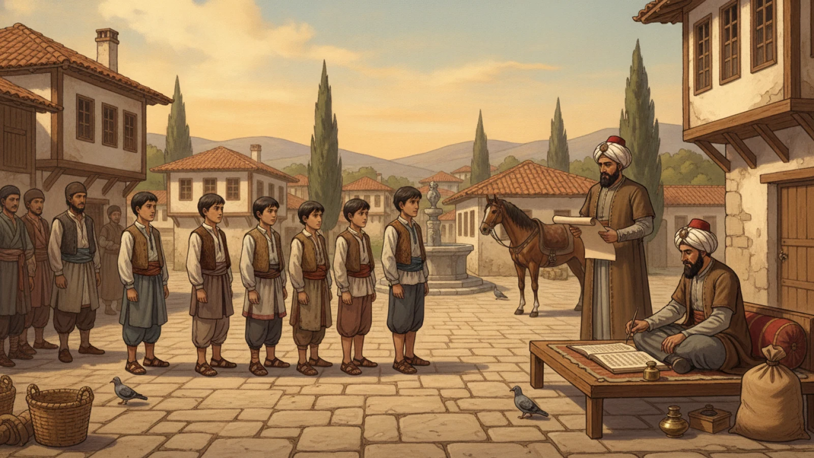Bir Rumeli kasabasının meydanında kâtibin defterine kayıt yaptığı, sıra hâlinde bekleyen çocukların bulunduğu devşirme kaydı sahnesi için temsilî tarih kitabı çizimi