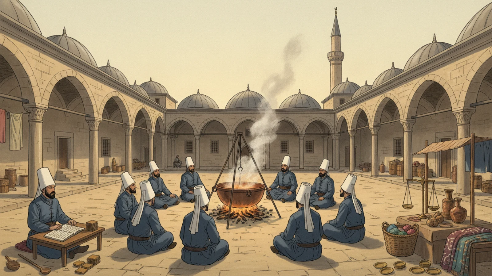 Bir yeniçeri ortasının kışla avlusunda kazan çevresine oturmuş askerler, ulûfe defteri tutan kâtip ve kapı dışındaki esnaf tezgâhını gösteren temsilî çizim
