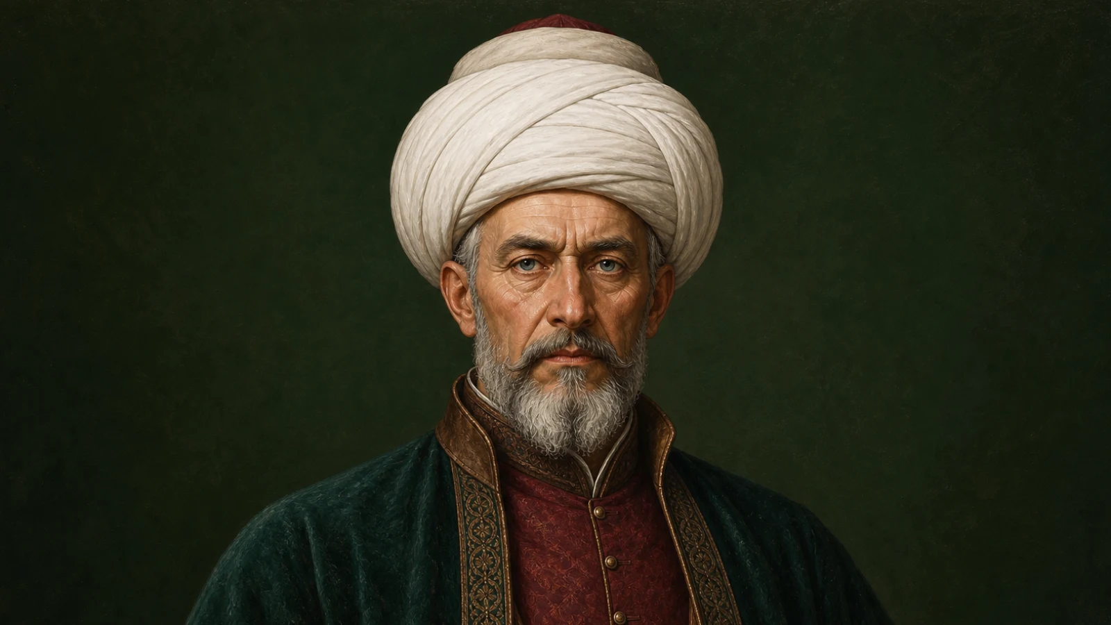 Koyu yeşil zemin önünde beyaz kavuk ve vezir kaftanıyla, Fatih döneminin güvenilir kumandanını canlandıran temsilî tek figür portre.