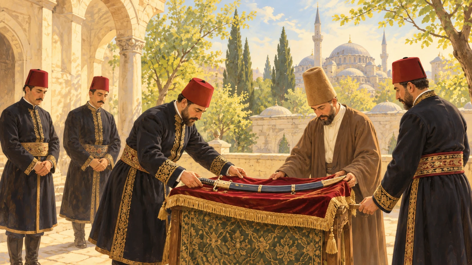 Geç Osmanlı tören hazırlığını anlatan, anonim görevliler ve kınlı kılıç içeren temsilî çizim