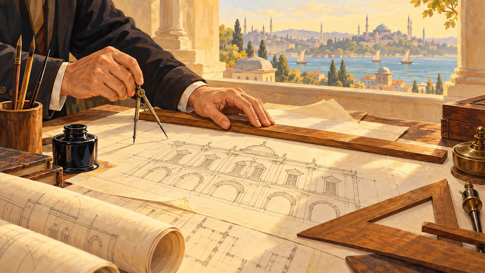 Osmanlı mimarlık atölyesindeki çizim araçlarını anlatan temsili çizim