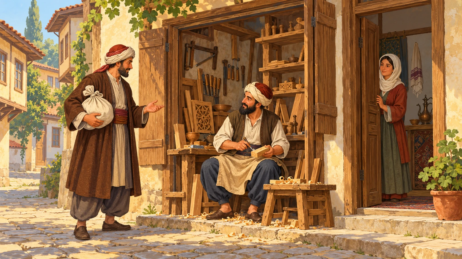 Osmanlı İstanbul’unda bir mahalle dükkânı ile konut eşiğini anlatan temsili çizim