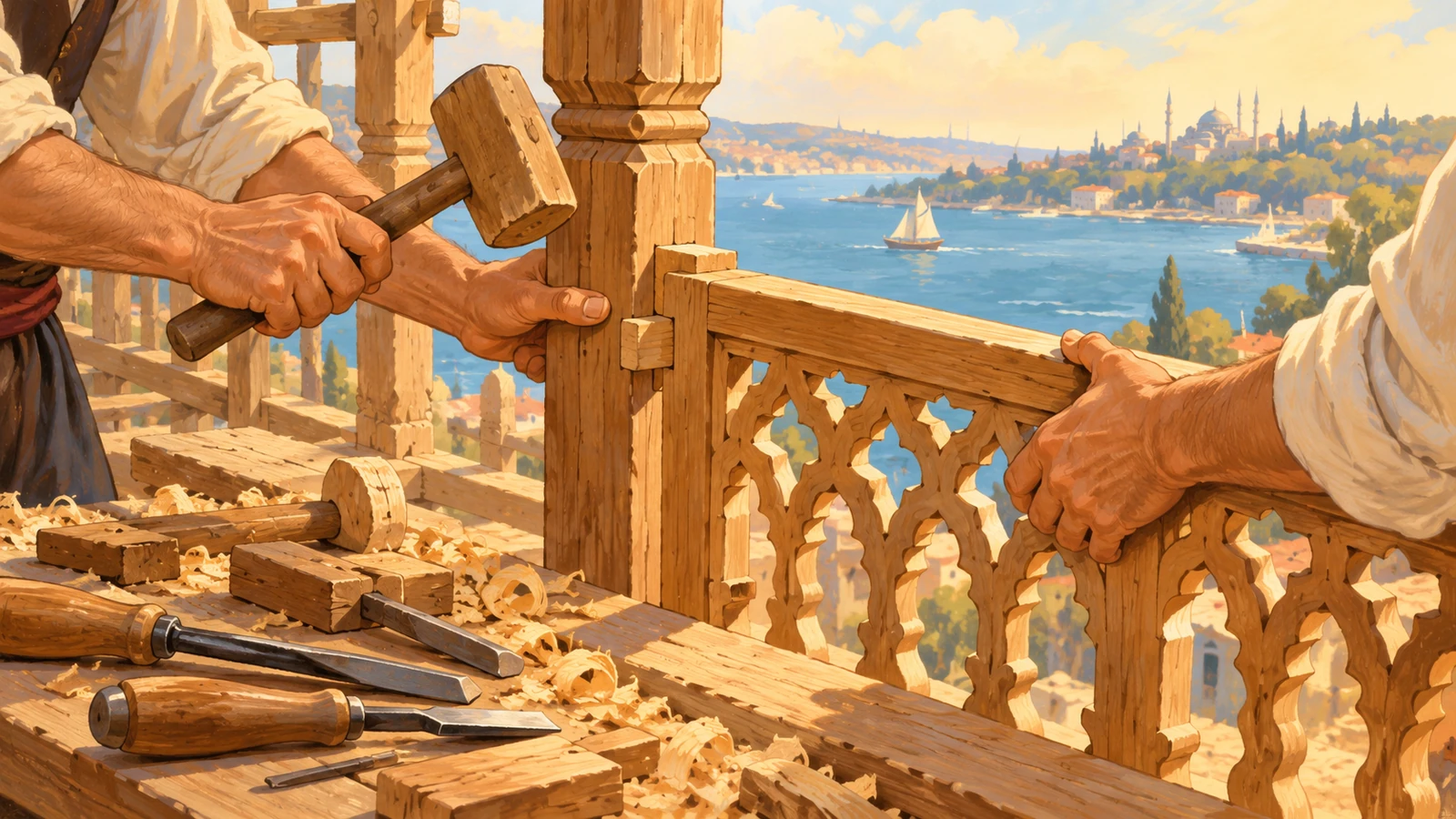 Boğaziçi ahşap mescit mimarisindeki doğrama ve kısa minare için temsili çizim