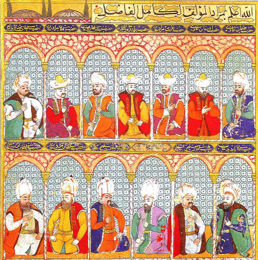 ilk 13 Osmanlı Padişahı,
sağ üst birinci sıradan, Osman Gazi, Orhan Gazi, I. Mu